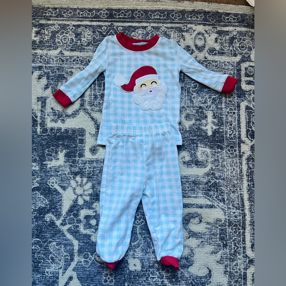 Classic Whimsy Happy Santa Blue Gingham Pajamas